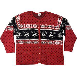 K.b. Collections Cardigan Sweater Womens 2X Red Christmas Reindeer Pockets Ugly